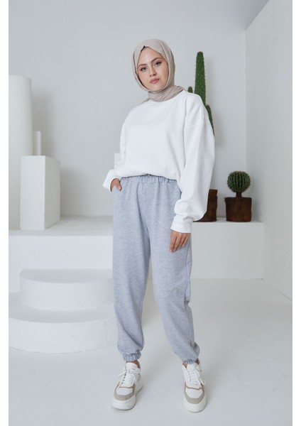 Kadın Beli ve Paçaları Lastik Detaylı Eşofman Pantolon-Gri
