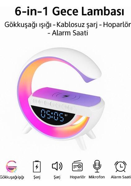 G-Tasarımlı Rgb Kablosuz Şarj Özellikli Dijital Saatli Bluetooth Hoparlör