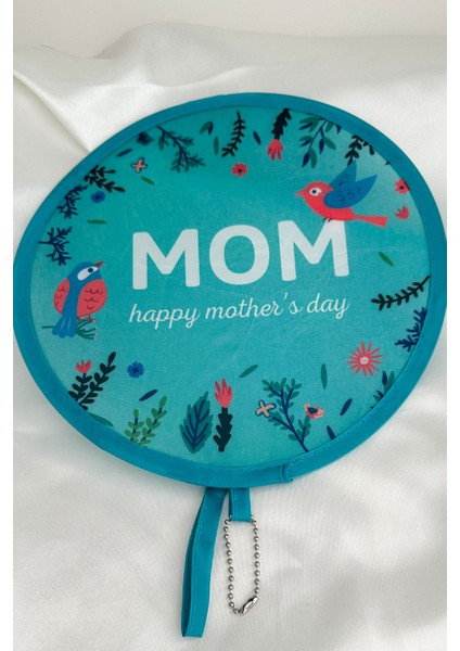 Turkuaz Anneler Günü Temalı (Mom) Katlanabilir Yuvarlak Yelpaze (21*21)