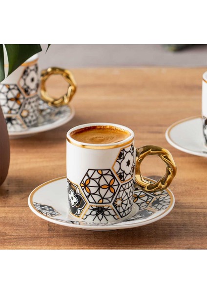 Altın Yaldızlı Siyah Beyaz Kahve Fincan Seti 6lı