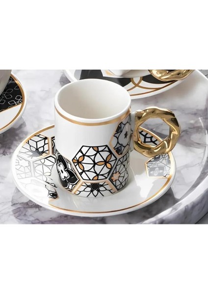 Altın Yaldızlı Siyah Beyaz Kahve Fincan Seti 6lı fiyatları