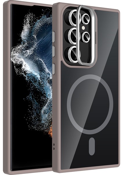 Galaxy S23 Ultra Kılıf Standlı ve Kamera Lens Hediyeli M-Safe Şarj Özellikli F10T Etro Kapak - Gri