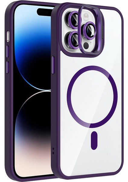iPhone 14 Pro Max Kılıf Standlı ve Kamera Lens Hediyeli M-Safe Şarj Özellikli F10T Etro Kapak - Deri