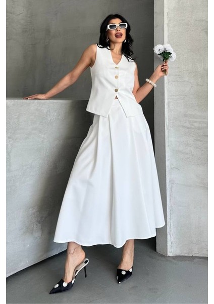 Kadın Ikili Alt Üst Takım Düğmeli Yelek Uzun Çan Etek Takım