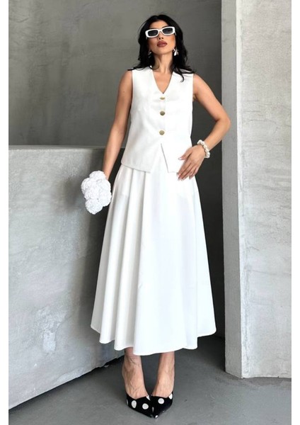 Kadın Ikili Alt Üst Takım Düğmeli Yelek Uzun Çan Etek Takım modelleri