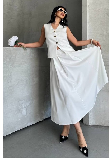 Kadın Ikili Alt Üst Takım Düğmeli Yelek Uzun Çan Etek Takım fırsatları