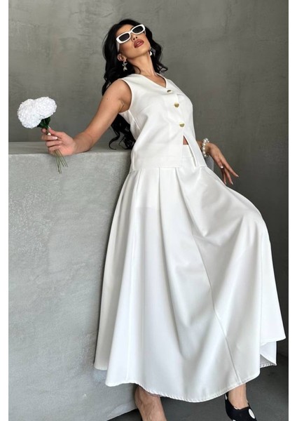 Kadın Ikili Alt Üst Takım Düğmeli Yelek Uzun Çan Etek Takım indirimleri