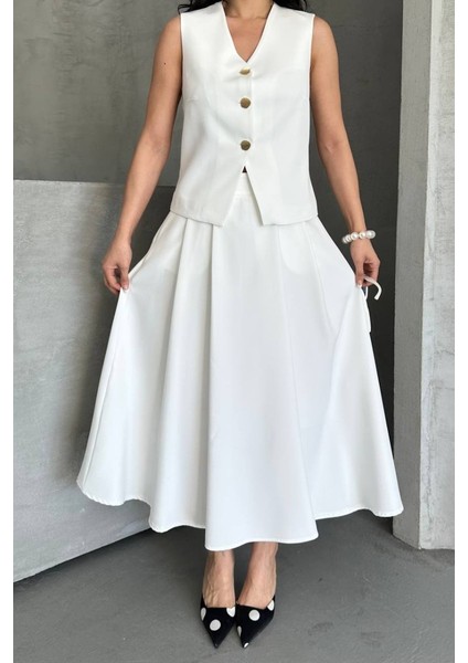 Kadın Ikili Alt Üst Takım Düğmeli Yelek Uzun Çan Etek Takım