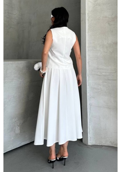 Kadın Ikili Alt Üst Takım Düğmeli Yelek Uzun Çan Etek Takım