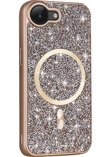 iPhone 16E Kılıf Pırlanta Tasarımlı M-Safe Şarj Özellikli F10T Mozaik Silikon Kapak - Desert Titanyu
