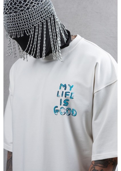 My Life Is Good Kabartma Efektli Beyaz Oversize Erkek Kadın Tişört fiyatları
