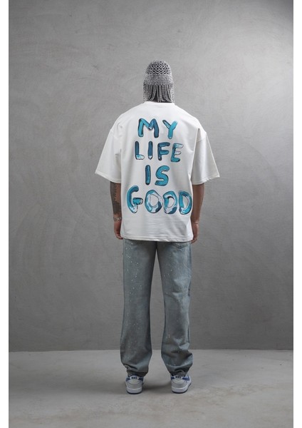 My Life Is Good Kabartma Efektli Beyaz Oversize Erkek Kadın Tişört fırsatları