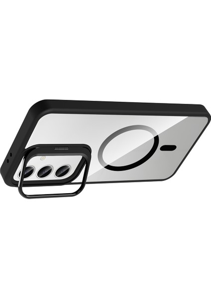 Galaxy S24 Fe Kılıf Standlı ve Kamera Lens Hediyeli M-Safe Şarj Özellikli F10T Etro Kapak - Siyah