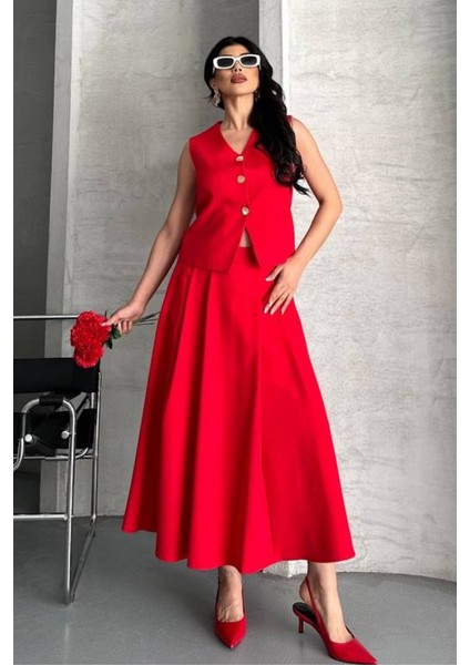 Kadın Ikili Alt Üst Takım Düğmeli Yelek Uzun Çan Etek Takım