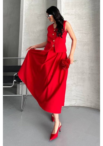 Kadın Ikili Alt Üst Takım Düğmeli Yelek Uzun Çan Etek Takım fiyatları