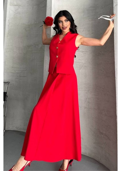 Kadın Ikili Alt Üst Takım Düğmeli Yelek Uzun Çan Etek Takım fırsatları