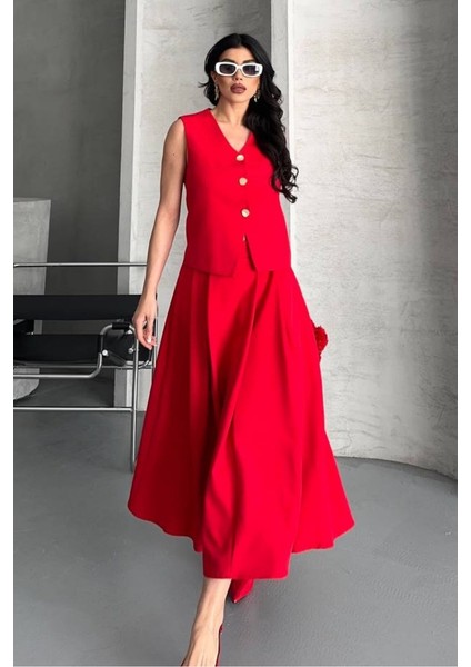 Kadın Ikili Alt Üst Takım Düğmeli Yelek Uzun Çan Etek Takım indirimleri