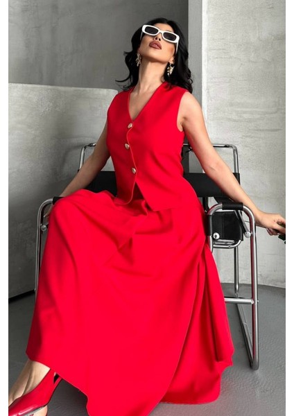 Kadın Ikili Alt Üst Takım Düğmeli Yelek Uzun Çan Etek Takım