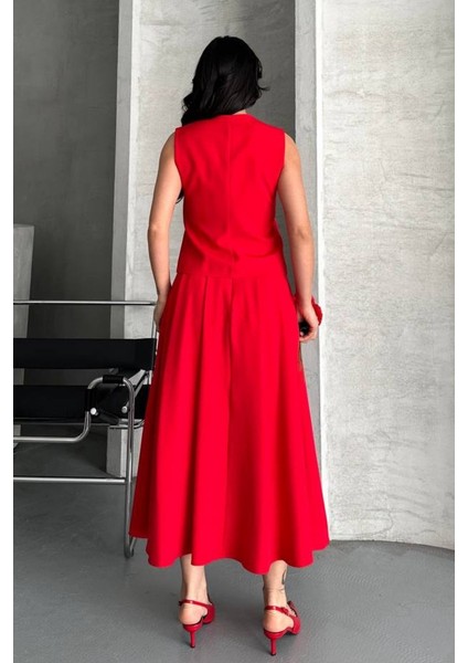 Kadın Ikili Alt Üst Takım Düğmeli Yelek Uzun Çan Etek Takım