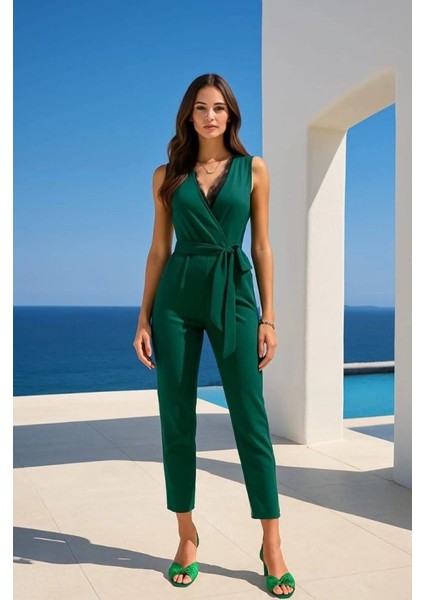 Kadın Kruvaze Yaka Dantel Güpür ve Kuşak Detay Tulum