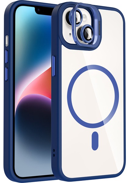 iPhone 14 Kılıf Standlı ve Kamera Lens Hediyeli M-Safe Şarj Özellikli F10T Etro Kapak - Lacivert