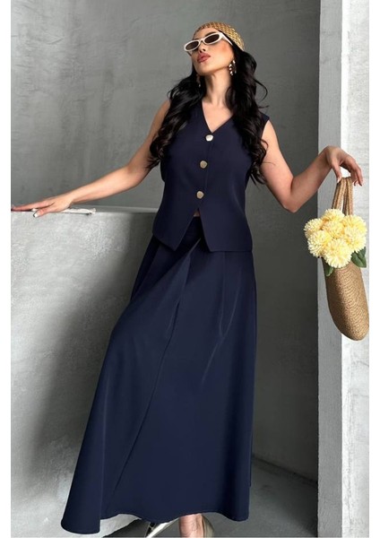Kadın Ikili Alt Üst Takım Düğmeli Yelek Uzun Çan Etek Takım