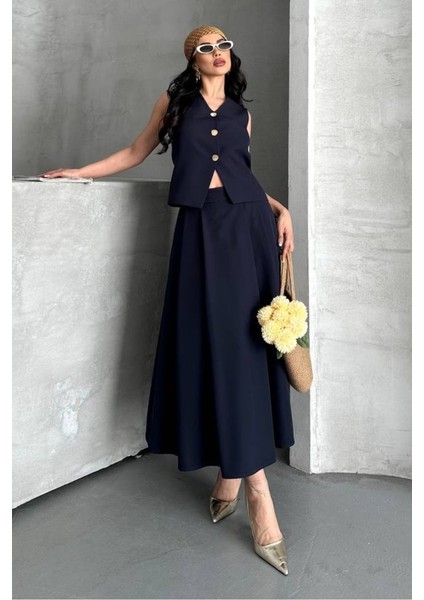 Kadın Ikili Alt Üst Takım Düğmeli Yelek Uzun Çan Etek Takım fiyatları