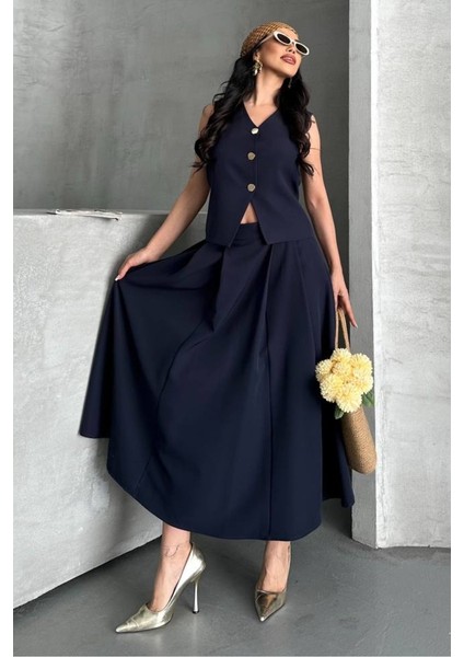 Kadın Ikili Alt Üst Takım Düğmeli Yelek Uzun Çan Etek Takım modelleri