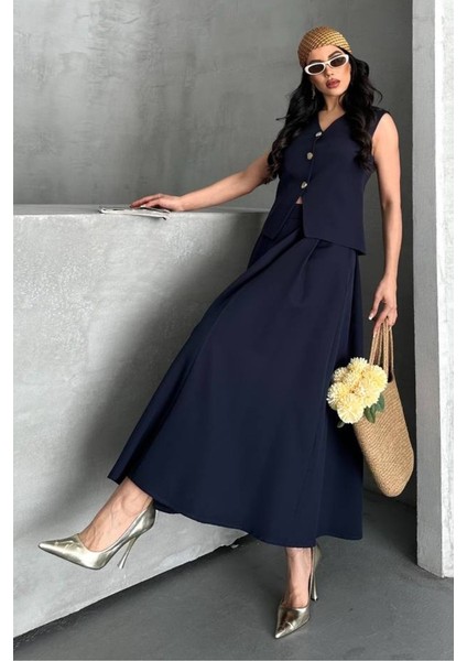 Kadın Ikili Alt Üst Takım Düğmeli Yelek Uzun Çan Etek Takım fırsatları