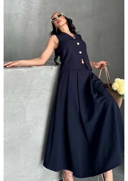 Kadın Ikili Alt Üst Takım Düğmeli Yelek Uzun Çan Etek Takım indirimleri