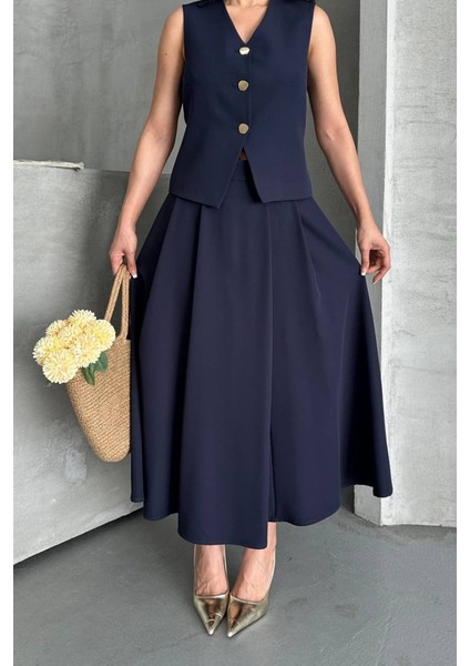 Kadın Ikili Alt Üst Takım Düğmeli Yelek Uzun Çan Etek Takım