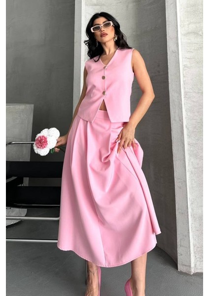 Kadın Ikili Alt Üst Takım Düğmeli Yelek Uzun Çan Etek Takım