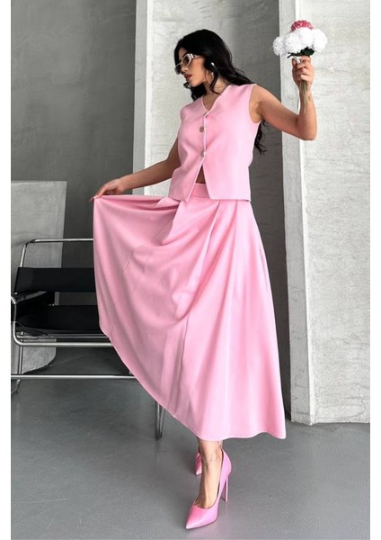 Kadın Ikili Alt Üst Takım Düğmeli Yelek Uzun Çan Etek Takım fiyatları