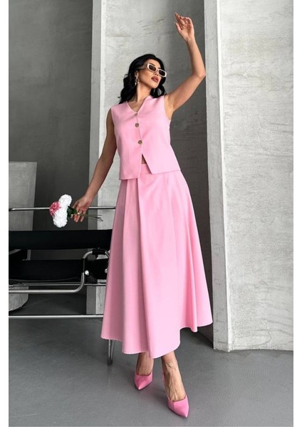 Kadın Ikili Alt Üst Takım Düğmeli Yelek Uzun Çan Etek Takım modelleri