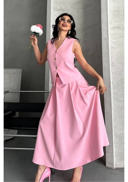 Kadın Ikili Alt Üst Takım Düğmeli Yelek Uzun Çan Etek Takım fırsatları