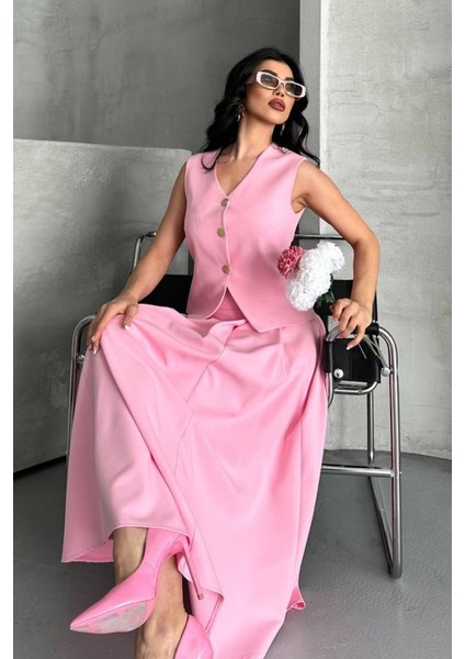 Kadın Ikili Alt Üst Takım Düğmeli Yelek Uzun Çan Etek Takım indirimleri