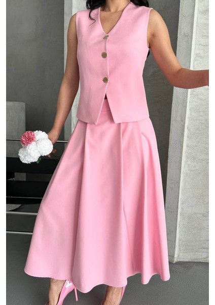 Kadın Ikili Alt Üst Takım Düğmeli Yelek Uzun Çan Etek Takım