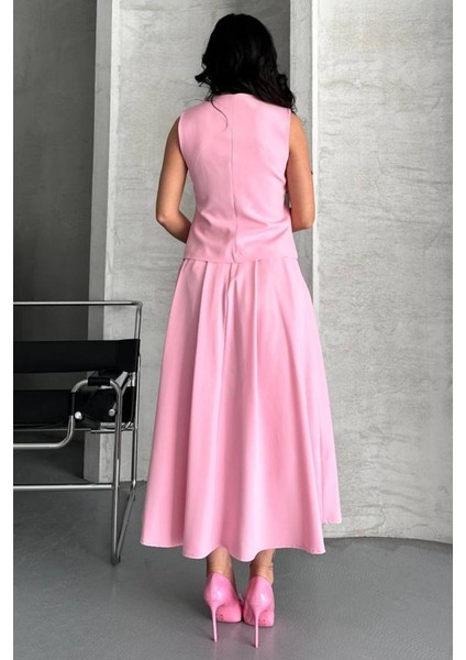 Kadın Ikili Alt Üst Takım Düğmeli Yelek Uzun Çan Etek Takım