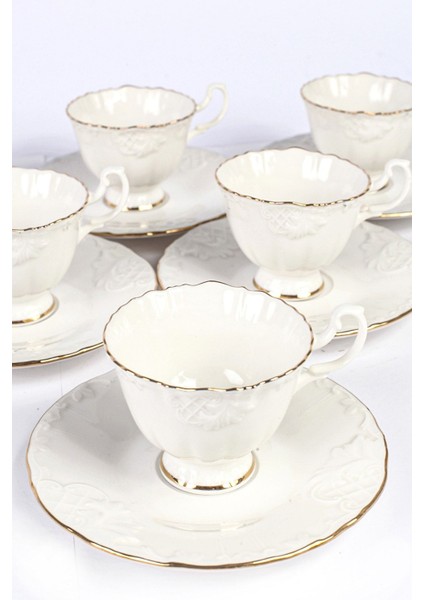 6 Kişilik Beyaz Porselen Kahve Fincan Takımı, Yaldızlı, Zarif Tasarım