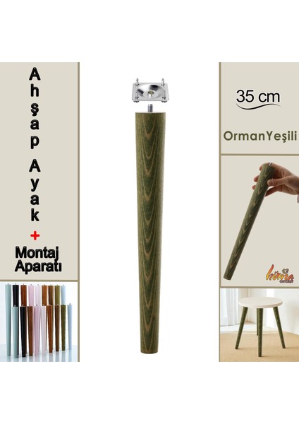 Ahşap Ayak 35 cm Orman Yeşili M8 Civatalı Bağlantı Aparatlı Mobilya Tabure Sehpa Masa Destek Ayağı