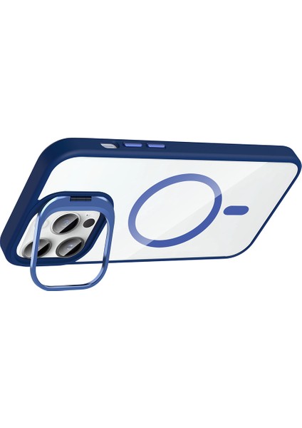 iPhone 14 Pro Max Kılıf Standlı ve Kamera Lens Hediyeli M-Safe Şarj Özellikli F10T Etro Kapak - Pemb