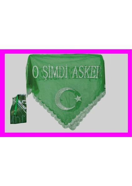 ''o Şimdi Asker'' Yazılı Pullu Kına Örtüsü (Eldivenli) Yeşil Renk (Üçgen Şeklinde)