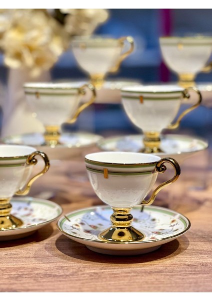 6'lı Yeşil Çiçek Desenli Gold Ayaklı Kahve Fincan Takımı