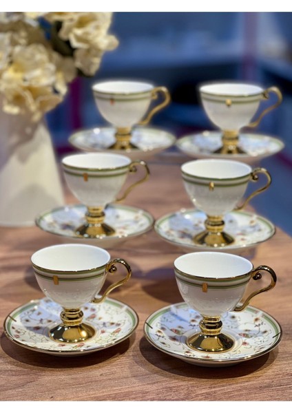 6'lı Yeşil Çiçek Desenli Gold Ayaklı Kahve Fincan Takımı fiyatları