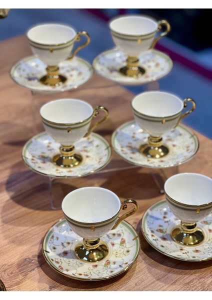 6'lı Yeşil Çiçek Desenli Gold Ayaklı Kahve Fincan Takımı modelleri