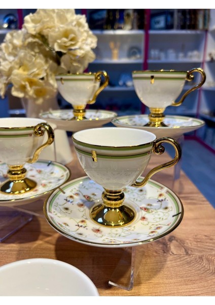 6'lı Yeşil Çiçek Desenli Gold Ayaklı Kahve Fincan Takımı fırsatları