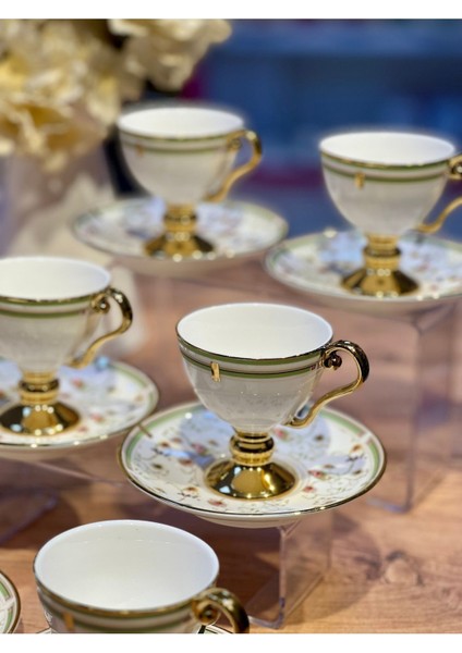 6'lı Yeşil Çiçek Desenli Gold Ayaklı Kahve Fincan Takımı indirimleri