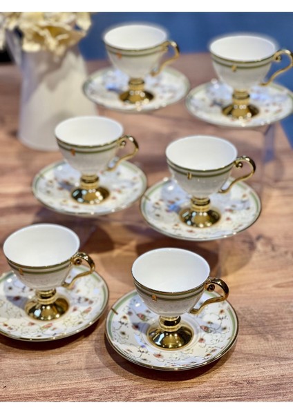 6'lı Yeşil Çiçek Desenli Gold Ayaklı Kahve Fincan Takımı