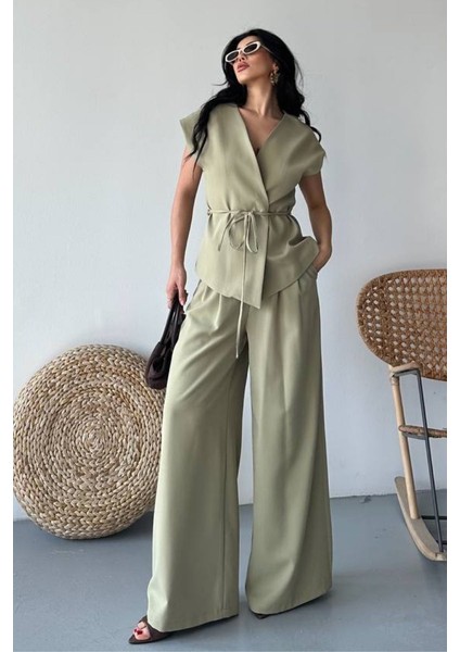 Kadın Ikili Alt Üst Takım Bağcıklı Bol Kesim Dökümlü Yazlık Kısa Kollu Kimono Ceket Palazzo Pantolon Takım