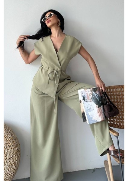 Kadın Ikili Alt Üst Takım Bağcıklı Bol Kesim Dökümlü Yazlık Kısa Kollu Kimono Ceket Palazzo Pantolon Takım modelleri